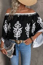 Load image into Gallery viewer, Black Abstract Print Off Shoulder Flounce Sleeve Blouse