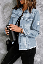 Load image into Gallery viewer, Light Blue Distressed Denim Jacket