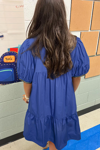 Blue V-Neck Pleated Dress