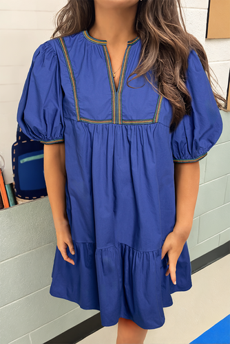 Blue V-Neck Pleated Dress