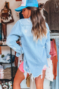 Distressed Frayed Long Denim Jacket