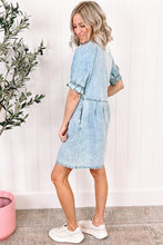 Load image into Gallery viewer, Blue Mineral Washed Ruffled Short Sleeve Pocketed Denim Dress