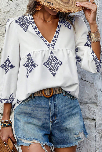 White Boho Geometric Blouse