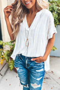 Striped Print Loose Fit V Neck Short Sleeve Blouse