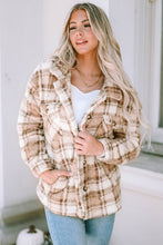 Load image into Gallery viewer, Khaki Sherpa Plaid Button Pocketed Jacket