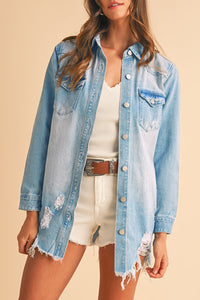 Distressed Frayed Long Denim Jacket