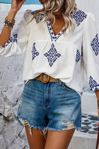 White Boho Geometric Blouse