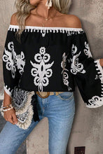 Load image into Gallery viewer, Black Abstract Print Off Shoulder Flounce Sleeve Blouse