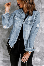 Load image into Gallery viewer, Light Blue Distressed Denim Jacket