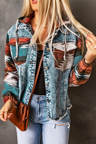 Geometric Print Frayed Denim Jacket