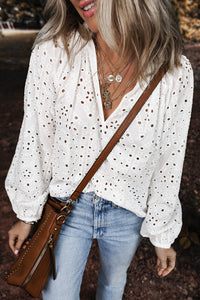 White Eyelet V Neck Blouse