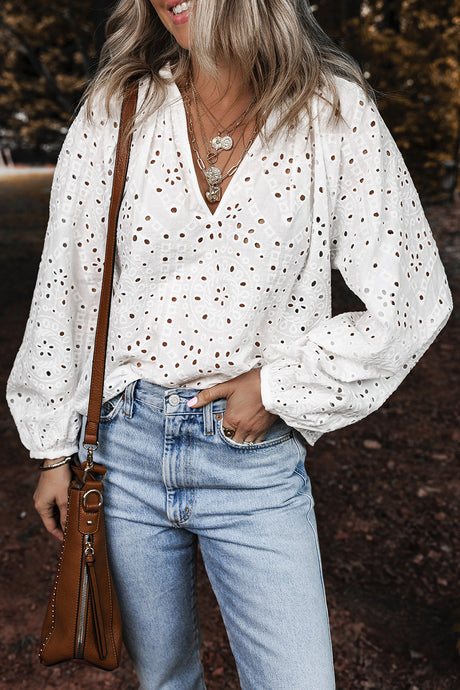 White Eyelet V Neck Blouse