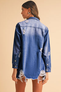 Distressed Frayed Long Denim Jacket