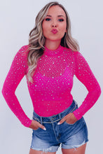 Load image into Gallery viewer, Rose Red Rhinestone Mesh Long Sleeve Bodysuit