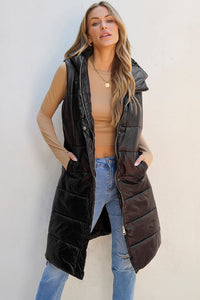 Black Hooded Long Quilted Vest Coat