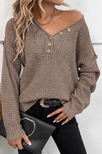 Khaki Pointelle Knit Drop Shoulder Sweater