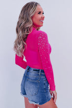 Load image into Gallery viewer, Rose Red Rhinestone Mesh Long Sleeve Bodysuit