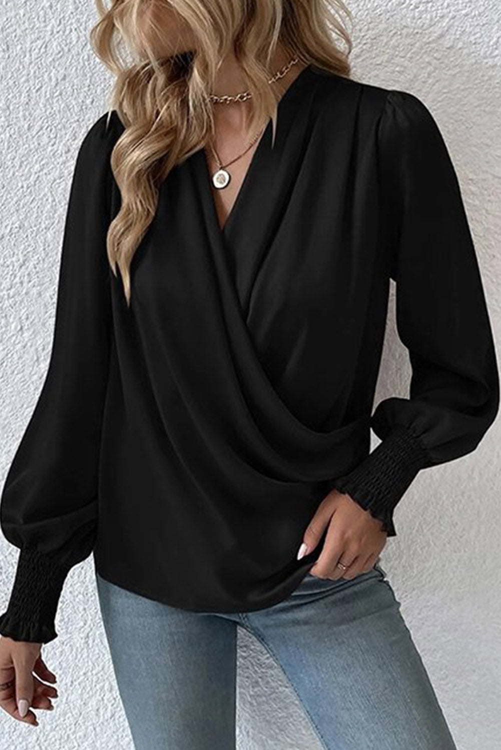 Drape V Neck Long Sleeve Blouse