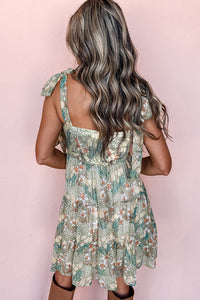 Gray Floral Knotted Strap Smocked Tiered Mini Dress