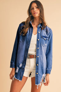 Distressed Frayed Long Denim Jacket