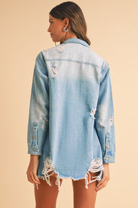 Distressed Frayed Long Denim Jacket