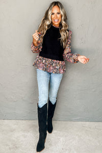 Floral Sleeve Black Sweater