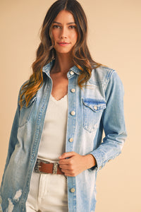 Distressed Frayed Long Denim Jacket