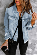 Load image into Gallery viewer, Light Blue Distressed Denim Jacket