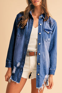 Distressed Frayed Long Denim Jacket