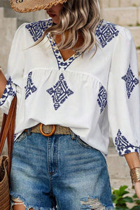 White Boho Geometric Blouse