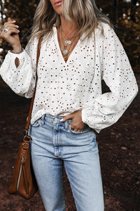 White Eyelet V Neck Blouse