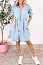 Load image into Gallery viewer, Blue Mineral Washed Ruffled Short Sleeve Pocketed Denim Dress