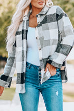 Load image into Gallery viewer, Gray Plaid Color Block Buttoned Long Sleeve Jacket with Pocket